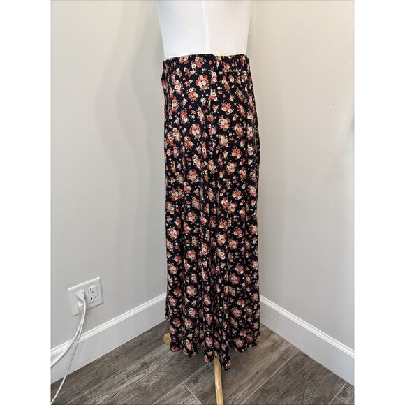 Vintage 90s Floral Button Front MaxiSkirt Black Red Ditsy Print A-Line Lg - Picture 3 of 10